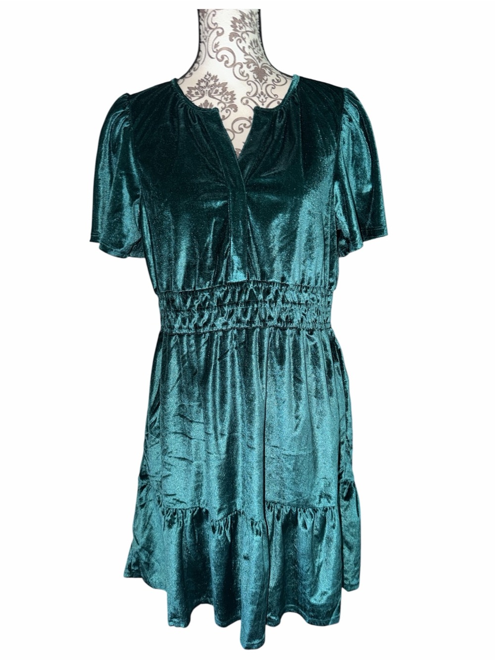 Teal Velvet Shirred Waist Women's Dress